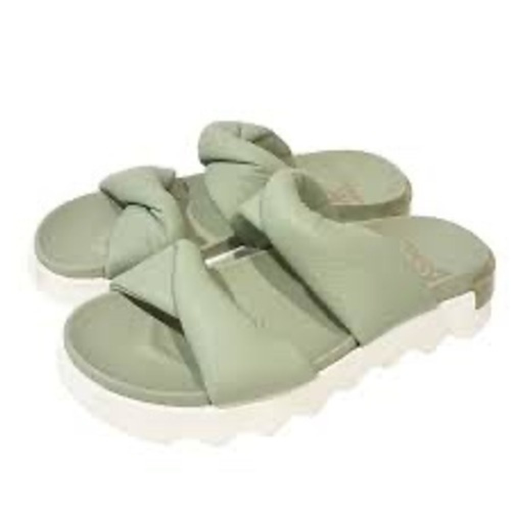 Sorel VIIBE Twist Slide Sandals Safari Stone Green Leather Puffy Straps 12 NWT